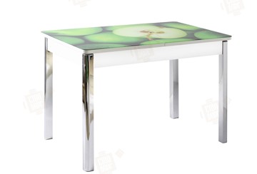 Кухонный раздвижной стол Айсберг-01 СТФ, белый/фотопечать зеленые яблоки/ноги хром квадратные в Нальчике