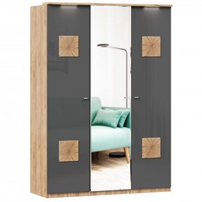 Шкаф 3х-дверный Фиджи с зеркалом и декоративными накладками, Дуб золотой/Антрацит в Нальчике