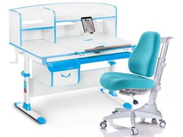 Комплект растущая парта + стул Mealux-EVO Evo-50 BL (арт. Evo-50 BL + Y-528 KBL) / (стол+полка+кресло) / белая столешница / цвет пластика голубой в Нальчике